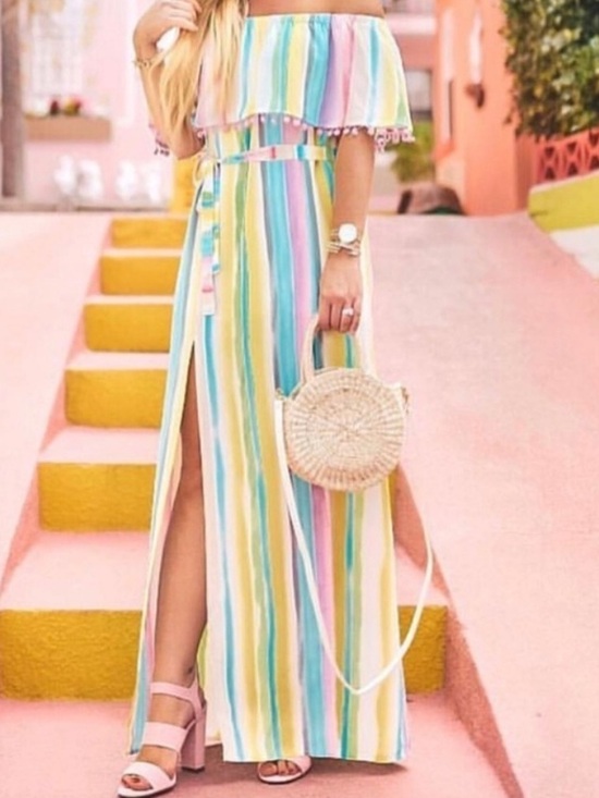 Buddy Love Dresses & Skirts - Buddy Love Carmen Pastel Off The Shoulder High Slit Maxi Dress Women’s XS